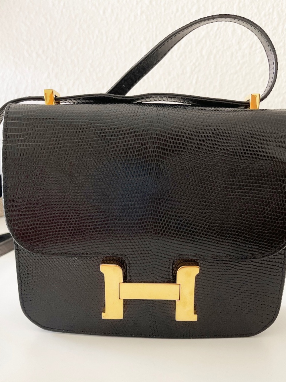 HERMES Shiny BLACK LIZARD Constance Bag Mini 18cm HARDWARE GOLD/Read description